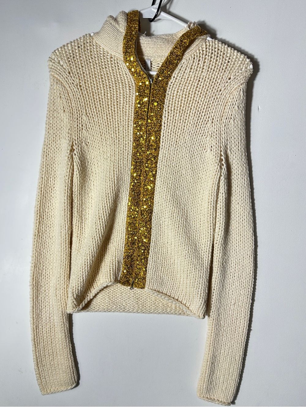 Y2K Cream Knit Hoodie Sweater with Gold Sequin Placket